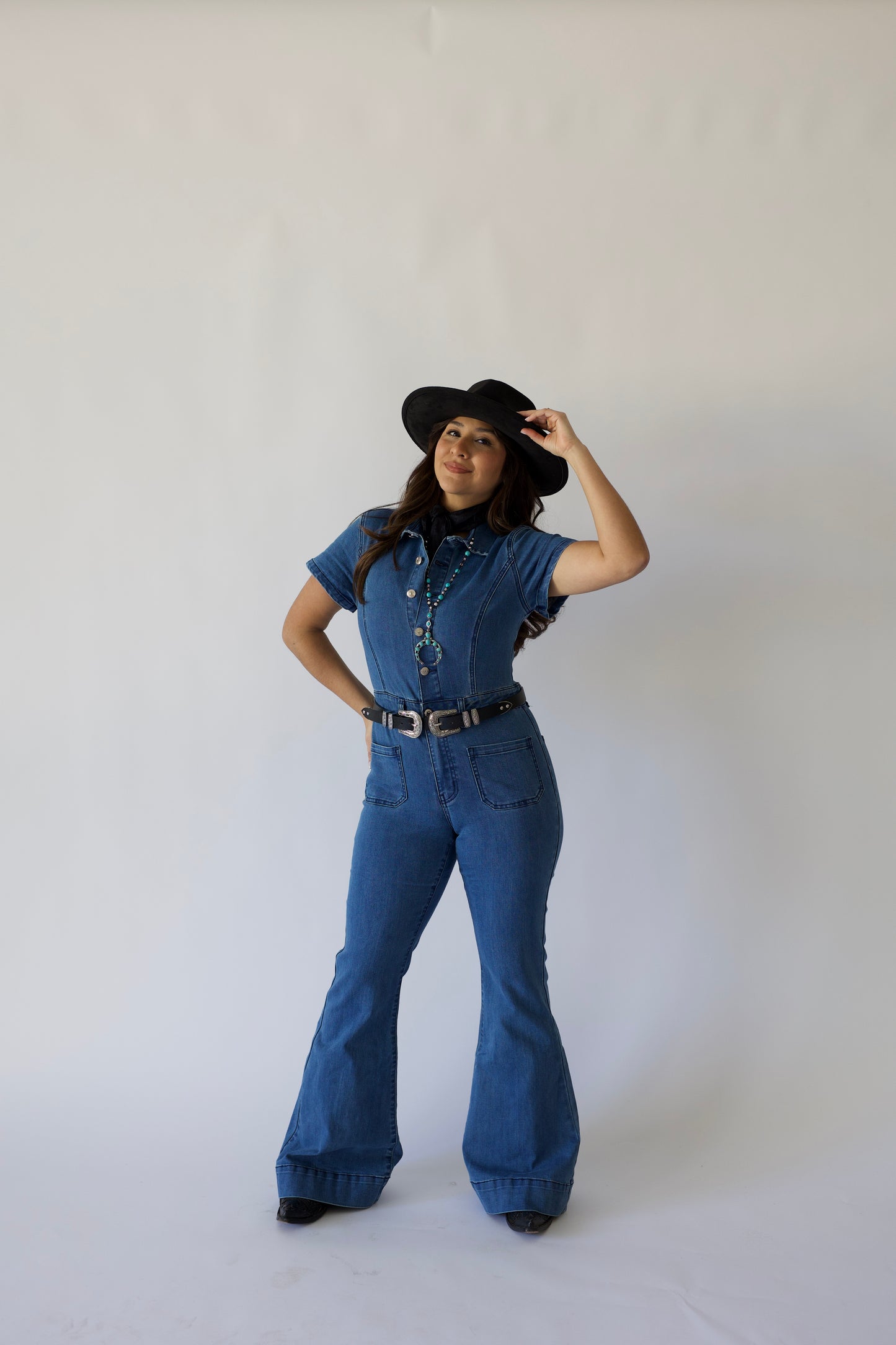 Long Denim Flared Jumpsuit