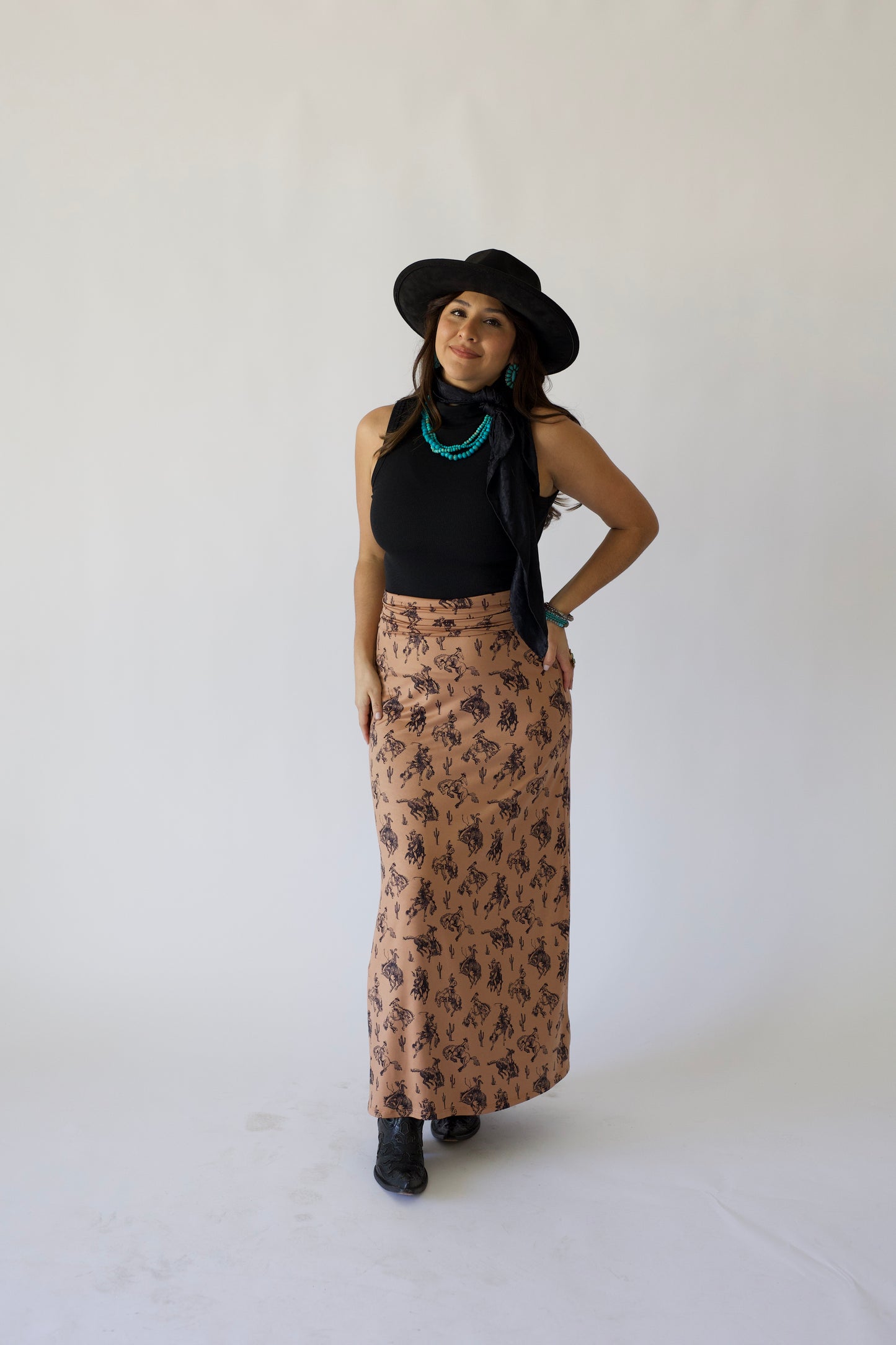 Western Bucking Horses Print Maxi Skirt