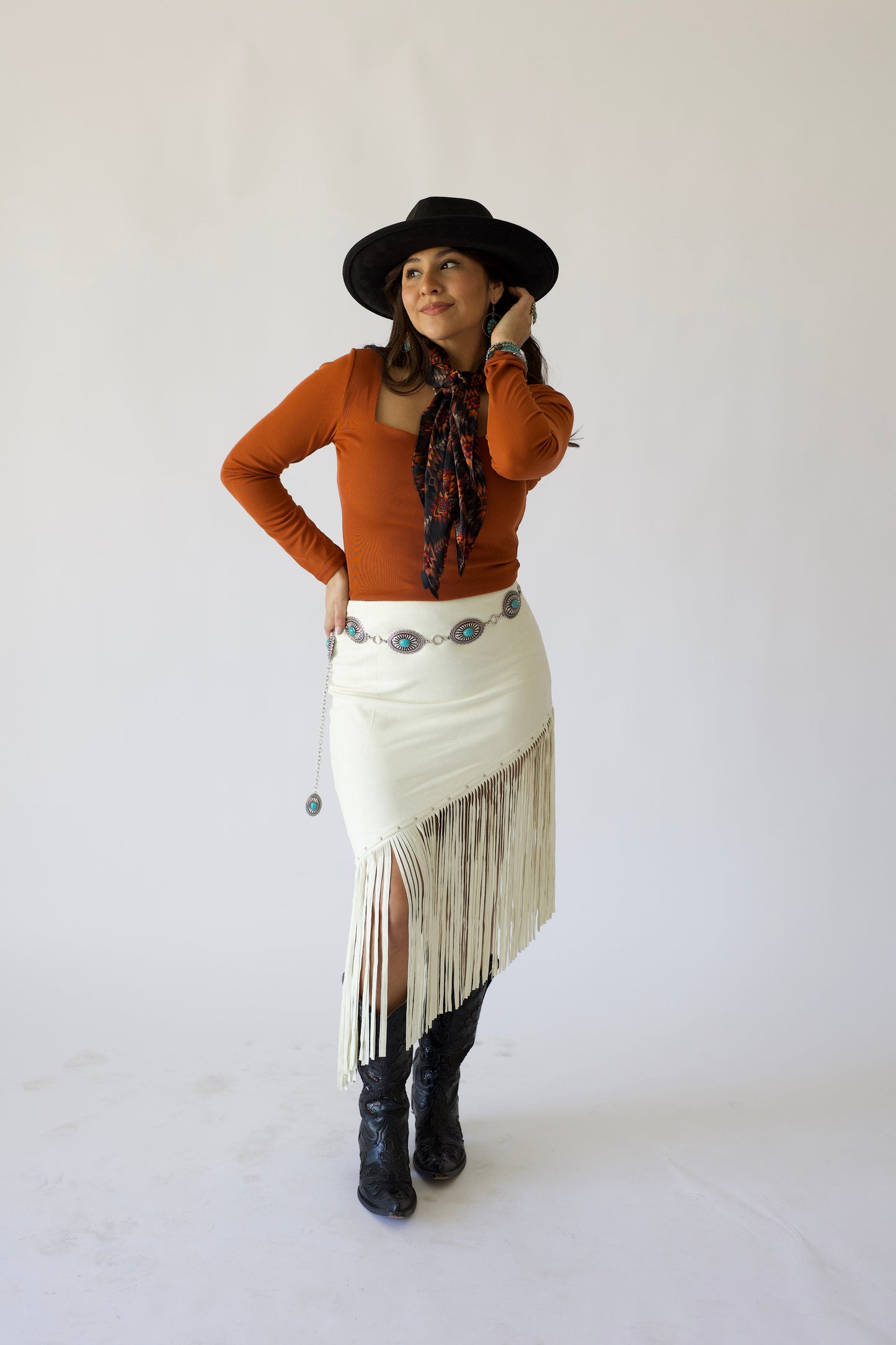 Western Fringe Suede Vertical Midi Skirt